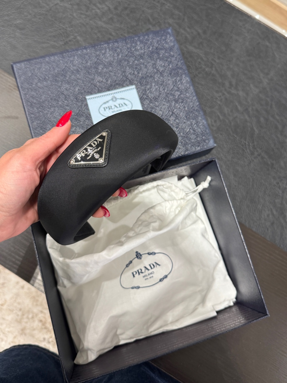Prada Black Padded Logo Headband with Silver Plaque